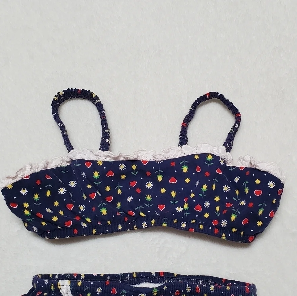 Vintage 60s Teen Girl Ultra Mod High High Bottom Ruffle Heart Floral Bikini XS
